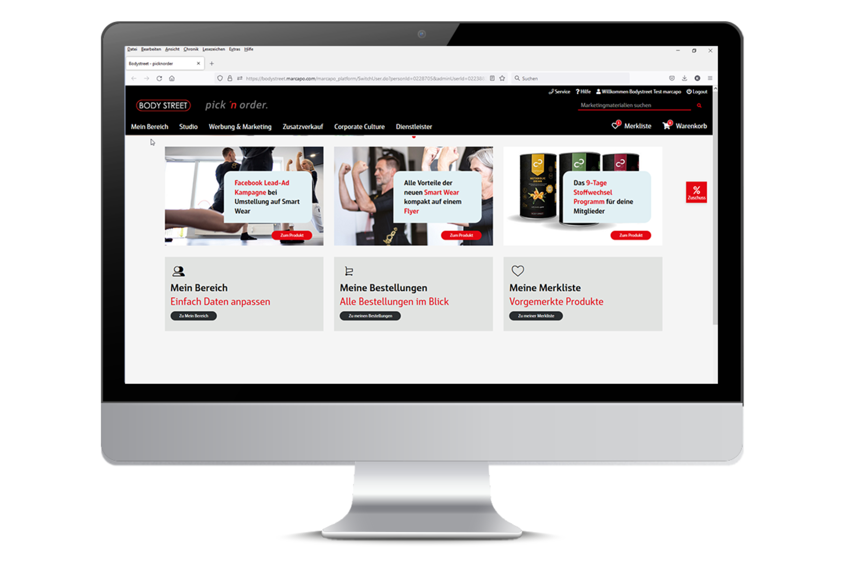 Bildschirm mit Startseite vom Bodystreet Marketingportal