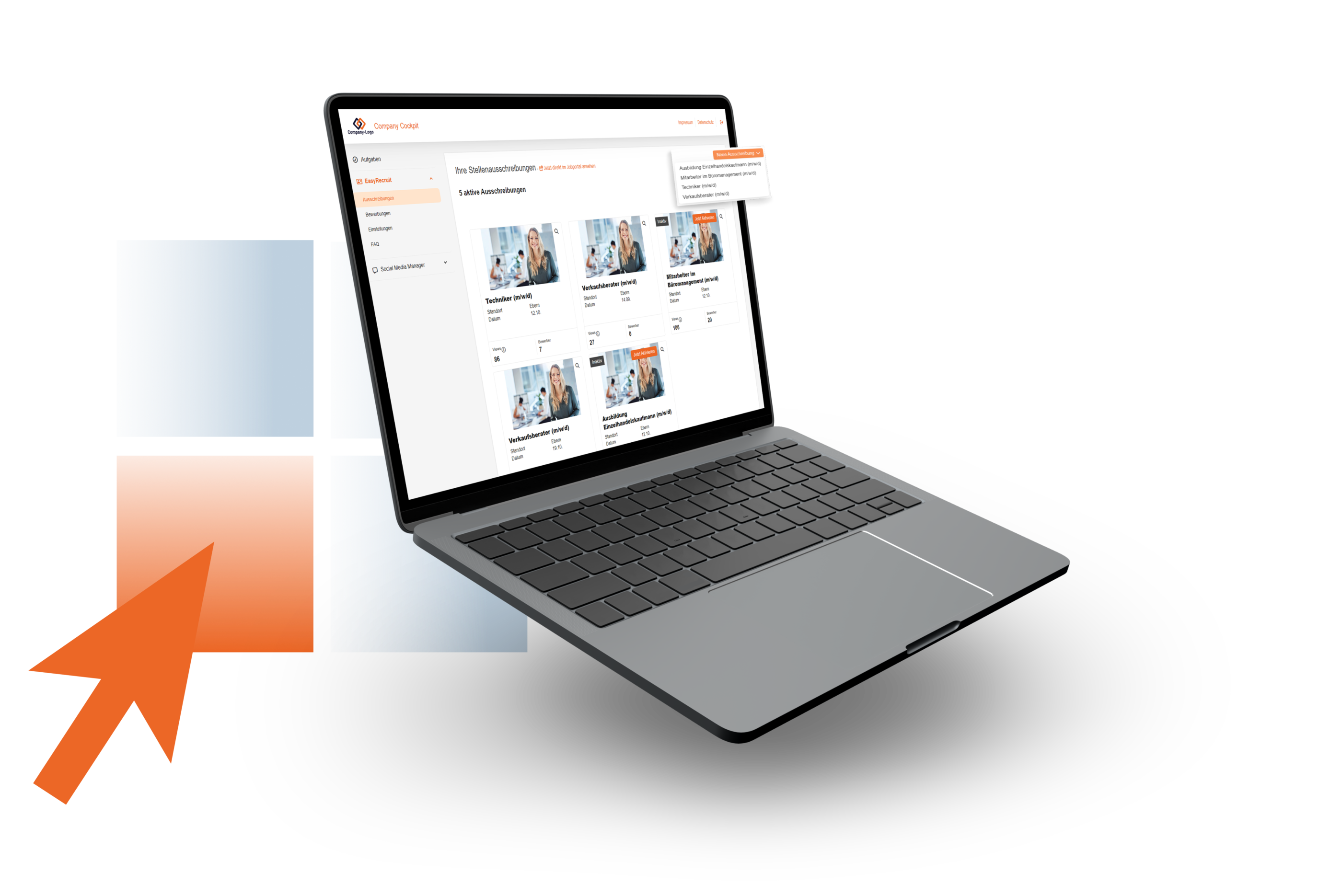 Laptop mit geöffneter Softwareoberfläche für Stellenanzeigen, neben orangefarbenem Mauszeiger